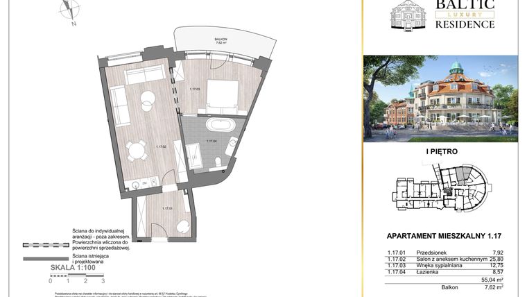 Rzut - Mieszkanie na sprzedaż 2 pokoje o powierzchni 55,04 m² - numer 1.17 w Baltic Luxury Residence