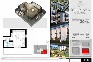 Rzut - Mieszkanie na sprzedaż 1 pokój o powierzchni 30,73 m² - numer B18 w Rodzinna Malta