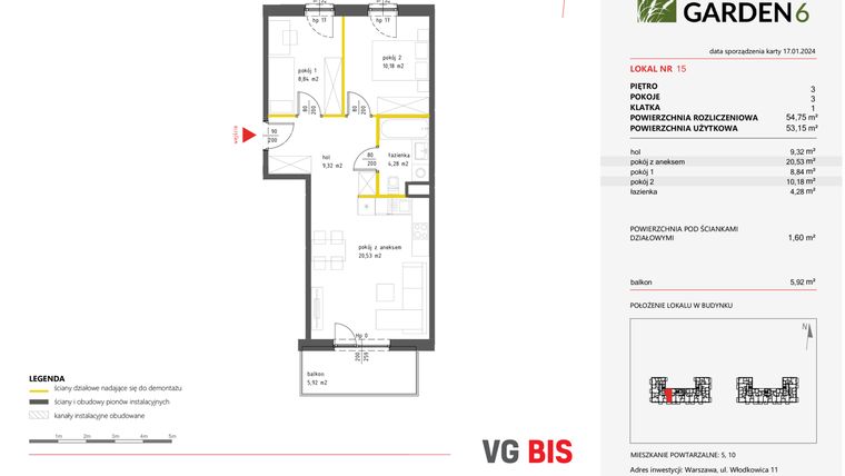Rzut - Mieszkanie na sprzedaż 3 pokoje o powierzchni 54,75 m² - numer 15 w Nova Viva Garden 6