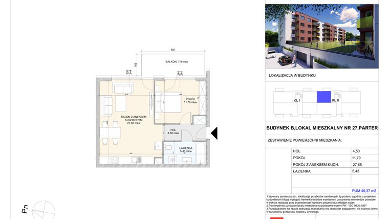 Rzut - Mieszkanie na sprzedaż 2 pokoje o powierzchni 49,37 m² - numer B.27 w Wólczańska 248 - etap II