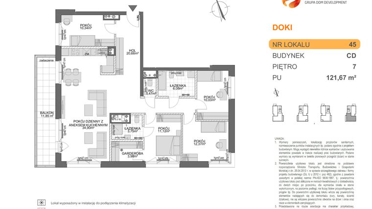 Rzut - Mieszkanie na sprzedaż 5 pokoi o powierzchni 121,72 m² - numer CD.45 w DOKI