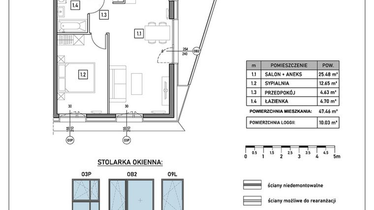 Rzut - Mieszkanie na sprzedaż 2 pokoje o powierzchni 47,46 m² - numer A.5.4 w GreenLine