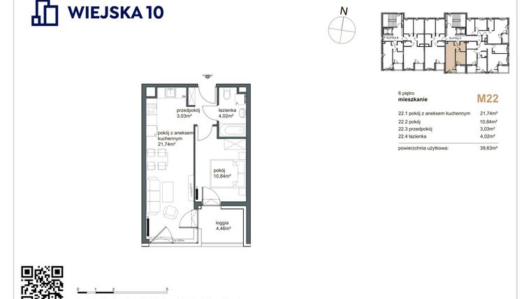 Rzut - Mieszkanie na sprzedaż 2 pokoje o powierzchni 39,63 m² - numer 22 w Wiejska 10
