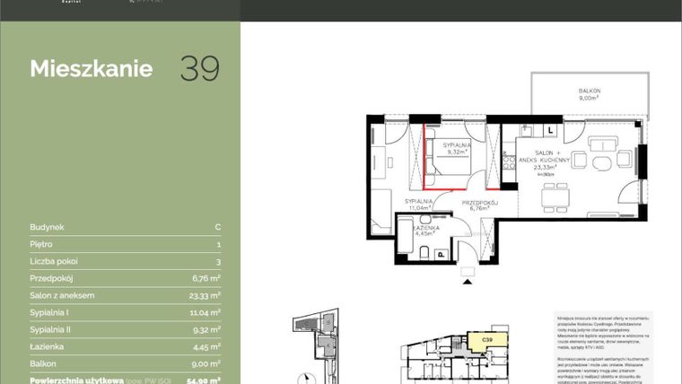 Rzut - Mieszkanie na sprzedaż 3 pokoje o powierzchni 54,9 m² - numer C39 w Stawowa Residence - etap V