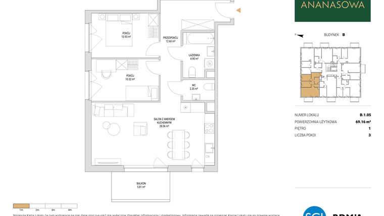 Rzut - Mieszkanie na sprzedaż 3 pokoje o powierzchni 69,16 m² - numer B.1.05 w Ananasowa