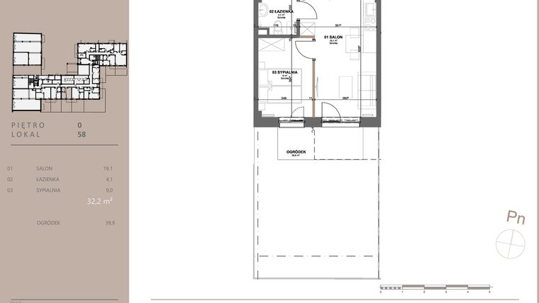 Rzut - Mieszkanie na sprzedaż 2 pokoje o powierzchni 32,2 m² - numer 58 w BETWEEN