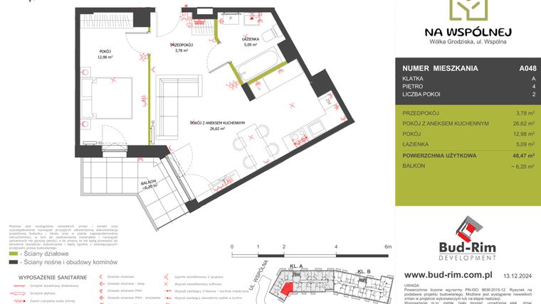 Rzut - Mieszkanie na sprzedaż 2 pokoje o powierzchni 48,47 m² - numer 48 w Na Wspólnej
