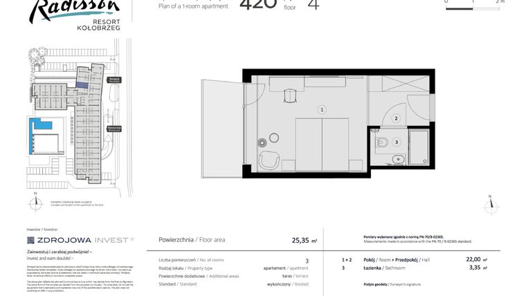 Rzut - Mieszkanie na sprzedaż 1 pokój o powierzchni 25,35 m² - numer 420 w Radisson Resort, Kołobrzeg