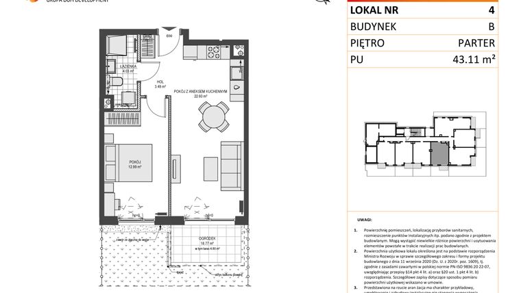 Rzut - Mieszkanie na sprzedaż 2 pokoje o powierzchni 43,11 m² - numer B4 w Przystań Brzeźno etap 1.2