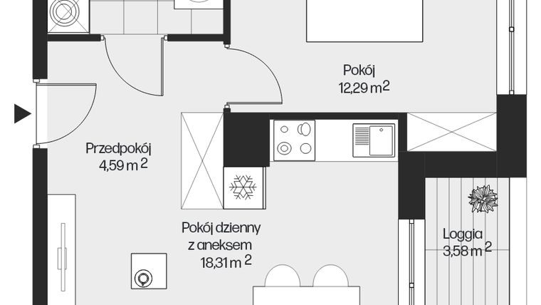 Rzut - Mieszkanie na sprzedaż 2 pokoje o powierzchni 39,57 m² - numer G1-109 w Piasta Park VI