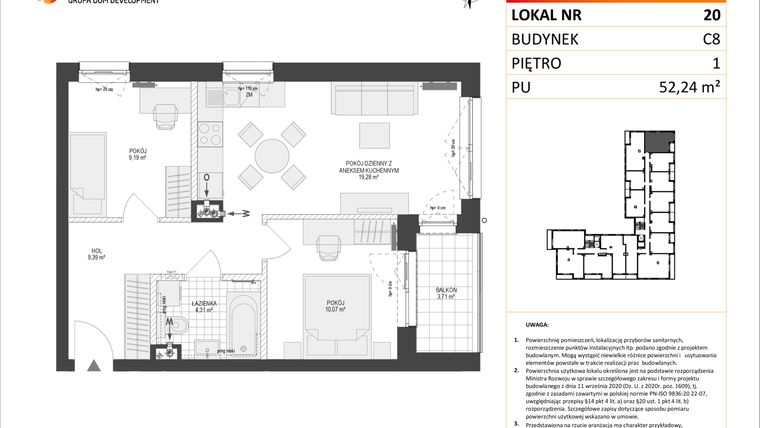 Rzut - Mieszkanie na sprzedaż 3 pokoje o powierzchni 52,24 m² - numer C8.20 w Konstelacja etap IV
