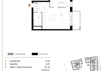 Rzut - Mieszkanie na sprzedaż 1 pokój o powierzchni 41,55 m² - numer D09 w Osiedle Józefowska