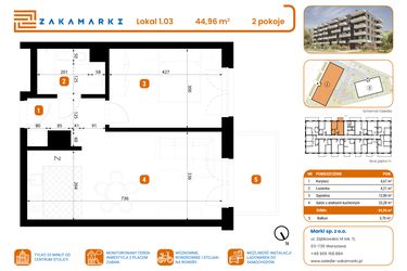 Rzut - Mieszkanie na sprzedaż 2 pokoje o powierzchni 44,96 m² - numer B1/1/03 w Zakamarki