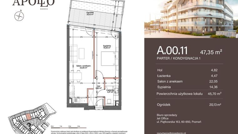 Rzut - Mieszkanie na sprzedaż 2 pokoje o powierzchni 45,7 m² - numer A.0.11 w Apollo Residence