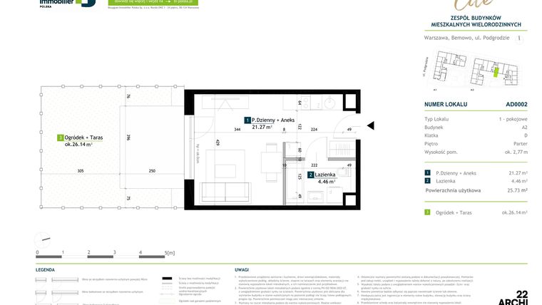 Rzut - Mieszkanie na sprzedaż 1 pokój o powierzchni 25,73 m² - numer AD0002 w Viva Cité 2