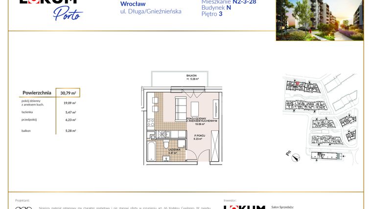 Rzut - Mieszkanie na sprzedaż 1 pokój o powierzchni 30,79 m² - numer N2-3-28 w Lokum Porto etap V bud. N
