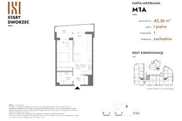 Rzut - Mieszkanie na sprzedaż 2 pokoje o powierzchni 42,36 m² - numer M 1A w Stary Dworzec