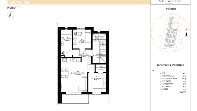 Rzut - Mieszkanie na sprzedaż 3 pokoje o powierzchni 52,3 m² - numer N6 w Villa Stoki (mieszkania)