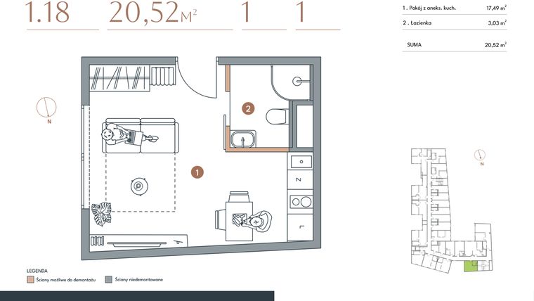 Rzut - Mieszkanie na sprzedaż 1 pokój o powierzchni 20,52 m² - numer 1.18 w Starowiejska 3