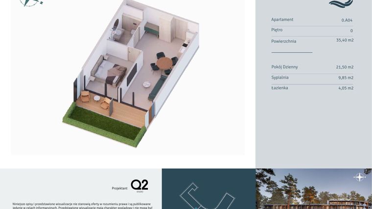 Rzut - Mieszkanie na sprzedaż 2 pokoje o powierzchni 35,4 m² - numer 0.A04 w Linea Mare - apartamenty inwestycyjne