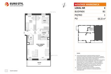 Rzut - Mieszkanie na sprzedaż 3 pokoje o powierzchni 68,33 m² - numer B1 4 w Wzgórze Markowca