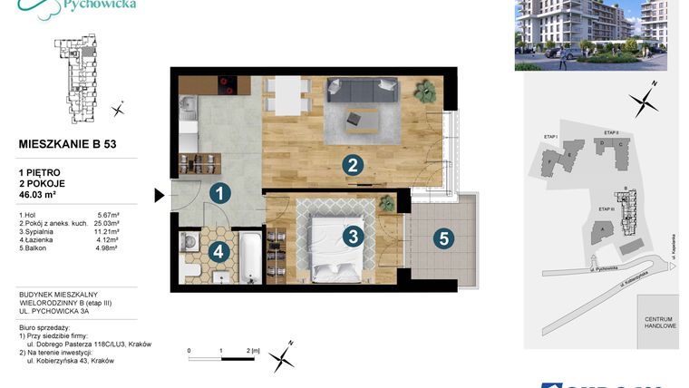 Rzut - Mieszkanie na sprzedaż 2 pokoje o powierzchni 46,03 m² - numer B53 w Kapelanka-Pychowicka Etap III