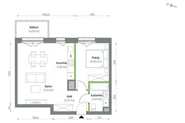 Rzut - Mieszkanie na sprzedaż 2 pokoje o powierzchni 45,42 m² - numer 1/A/2/83 w Oliwska Vita