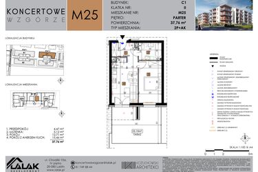 Rzut - Mieszkanie na sprzedaż 2 pokoje o powierzchni 37,76 m² - numer C1_M25 w Koncertowe Wzgórze etap II