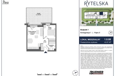 Rzut - Mieszkanie na sprzedaż 2 pokoje o powierzchni 43,57 m² - numer 1.0.08 w Rytelska