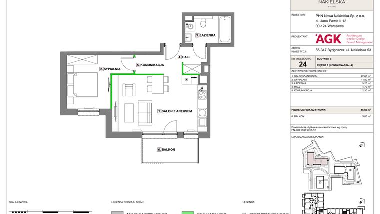 Rzut - Mieszkanie na sprzedaż 2 pokoje o powierzchni 46,6 m² - numer NN-B-LM-24 w Nowa Nakielska by PHN