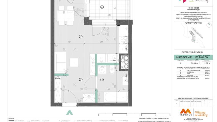 Rzut - Mieszkanie na sprzedaż 1 pokój o powierzchni 31,09 m² - numer F3.B.04.09 w Na Bielany! etap III