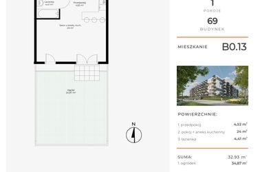 Rzut - Mieszkanie na sprzedaż 1 pokój o powierzchni 32,93 m² - numer B0.13 w Enklawa Bukowa II