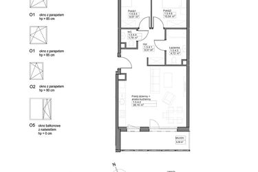 Rzut - Mieszkanie na sprzedaż 3 pokoje o powierzchni 61,78 m² - numer B.1.5.4 w Optima VIII