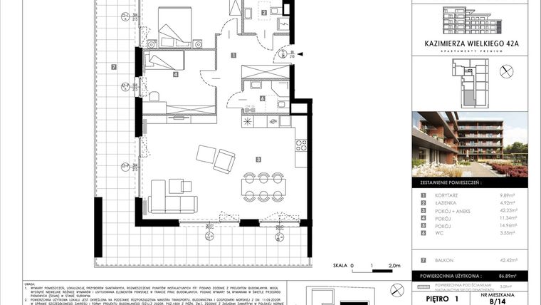 Rzut - Mieszkanie na sprzedaż 3 pokoje o powierzchni 86,89 m² - numer B14 w Kazimierza Wielkiego 42A etap II