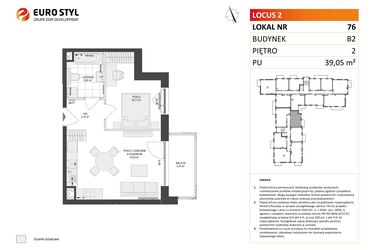 Rzut - Mieszkanie na sprzedaż 2 pokoje o powierzchni 39,05 m² - numer 76 w Locus 2 bud. B2