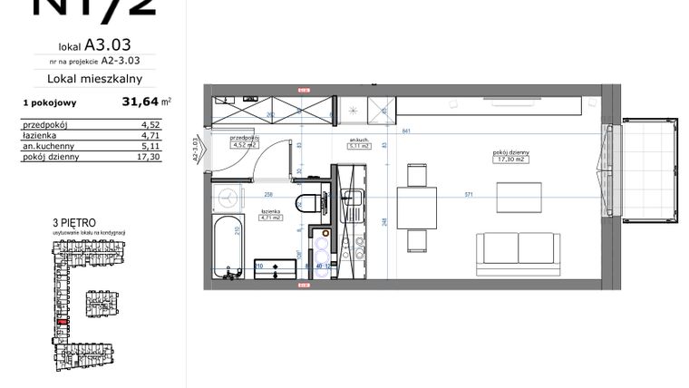 Rzut - Mieszkanie na sprzedaż 1 pokój o powierzchni 31,64 m² - numer A3.03 w Naramowicka 172