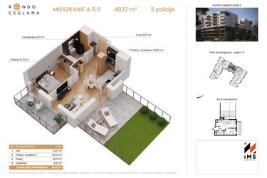 Rzut - Mieszkanie na sprzedaż 2 pokoje o powierzchni 40 m² - numer A.5.11 w Rondo Ceglana etap II
