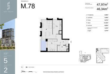 Rzut - Mieszkanie na sprzedaż 2 pokoje o powierzchni 47,97 m² - numer M78 w Sky Trust etap II
