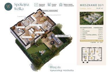 Rzut - Mieszkanie na sprzedaż 3 pokoje o powierzchni 54,97 m² - numer D2/1 w Spokojna Wólka etap IV