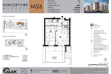 Rzut - Mieszkanie na sprzedaż 2 pokoje o powierzchni 41,95 m² - numer C1_M26 w Koncertowe Wzgórze etap II