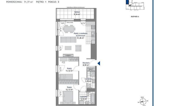 Rzut - Mieszkanie na sprzedaż 3 pokoje o powierzchni 71,77 m² - numer A.1.2 w Linea bud. A