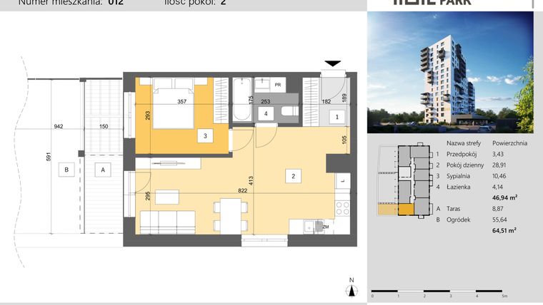 Rzut - Mieszkanie na sprzedaż 2 pokoje o powierzchni 46,94 m² - numer 12 w Dworzysko Park - Etap III