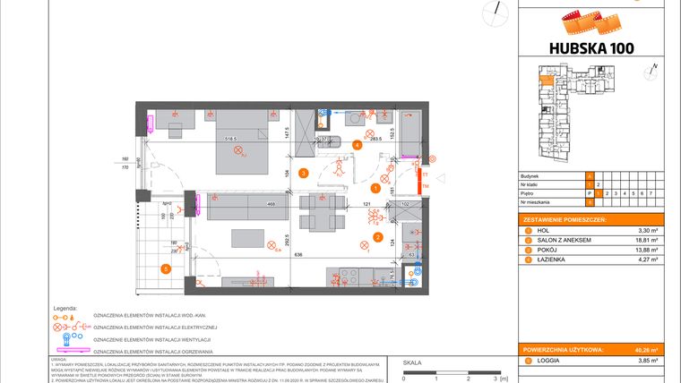 Rzut - Mieszkanie na sprzedaż 2 pokoje o powierzchni 40,26 m² - numer 8 w Hubska 100 etap 2