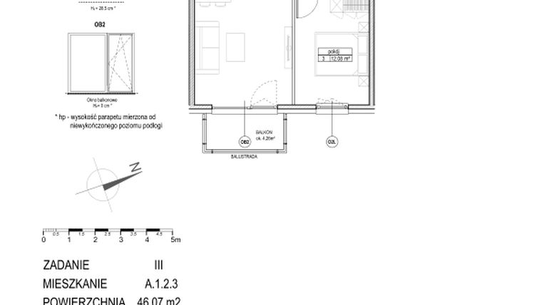 Rzut - Mieszkanie na sprzedaż 2 pokoje o powierzchni 46,07 m² - numer A.1.2.3 w Atut III