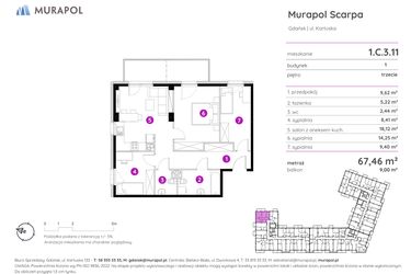 Rzut - Mieszkanie na sprzedaż 4 pokoje o powierzchni 67,46 m² - numer 1.C.3.11 w Murapol Scarpa