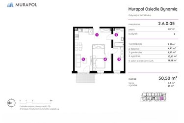 Rzut - Mieszkanie na sprzedaż 2 pokoje o powierzchni 50,5 m² - numer 2.A.0.05 w Murapol Osiedle Dynamiq