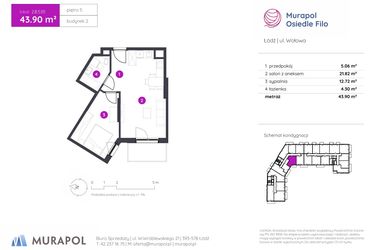 Rzut - Mieszkanie na sprzedaż 2 pokoje o powierzchni 43,9 m² - numer 2.B.5.05 w Murapol Osiedle Filo etap II