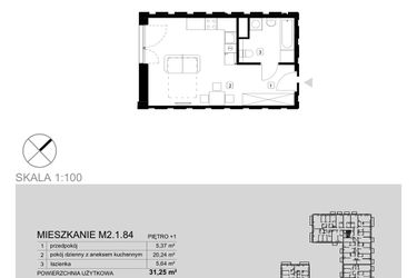 Rzut - Mieszkanie na sprzedaż 1 pokój o powierzchni 31,25 m² - numer M2.1.84 w Modern Helenów