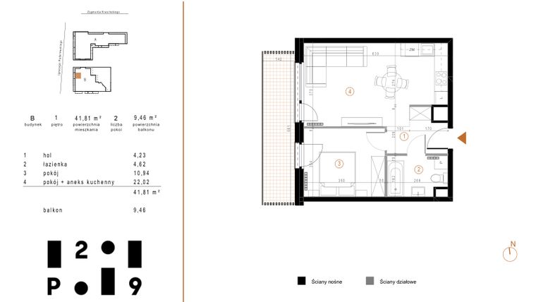 Rzut - Mieszkanie na sprzedaż 2 pokoje o powierzchni 41,81 m² - numer B2 w Paderewskiego 29