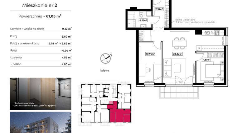 Rzut - Mieszkanie na sprzedaż 3 pokoje o powierzchni 61,05 m² - numer M2 w Novum Rumia - bud. 15